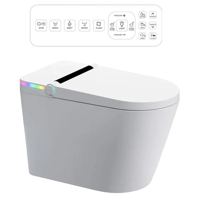 1.28 GPF Elongated Smart Bidet Toilet in White with Seat Heating, Auto Flush, Remote Control and Foot Sensor Function
