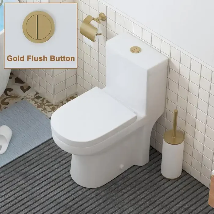 1-piece 0.8/1.28 GPF High Efficiency Dual Flush Round Toilet in. White with Seat Included and Brushed Gold Button