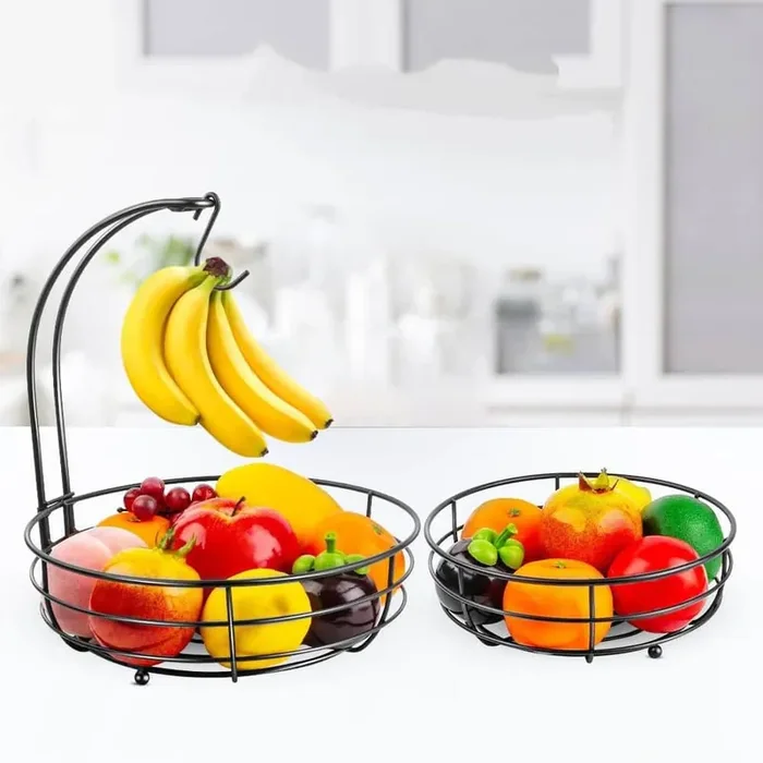 1 Piece 2-Tier Kitchen Countertop Black Fruit Vegetable Storage Basket Bowl with Banana Hanger, Decorative Ferric Art