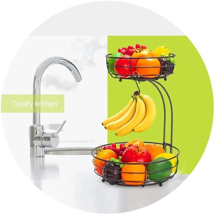 1 Piece 2-Tier Kitchen Countertop Bronze Fruit Vegetable Storage Basket Bowl with Banana Hanger, Decorative Ferric Art