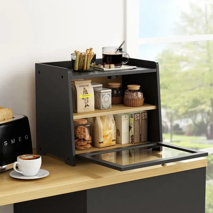 1 Piece Black Wood Bread Box for Kitchen Countertop, Large Storage Container for Homemade Bread for Counter Corner