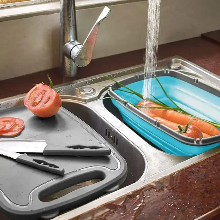 1-Piece Blue Gray Polypropylene Camping Cutting Board Set with Knife, Washing Basket, 9-in-1 Collapsible Chopping Board