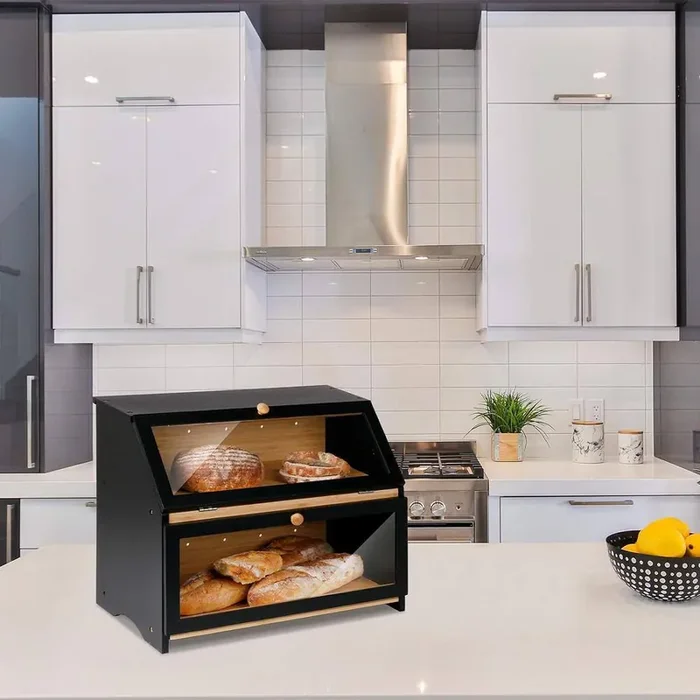 1-Piece Double Layer Bread Box for Kitchen Counter, Wooden Large Capacity Bread Storage Bin (Black)