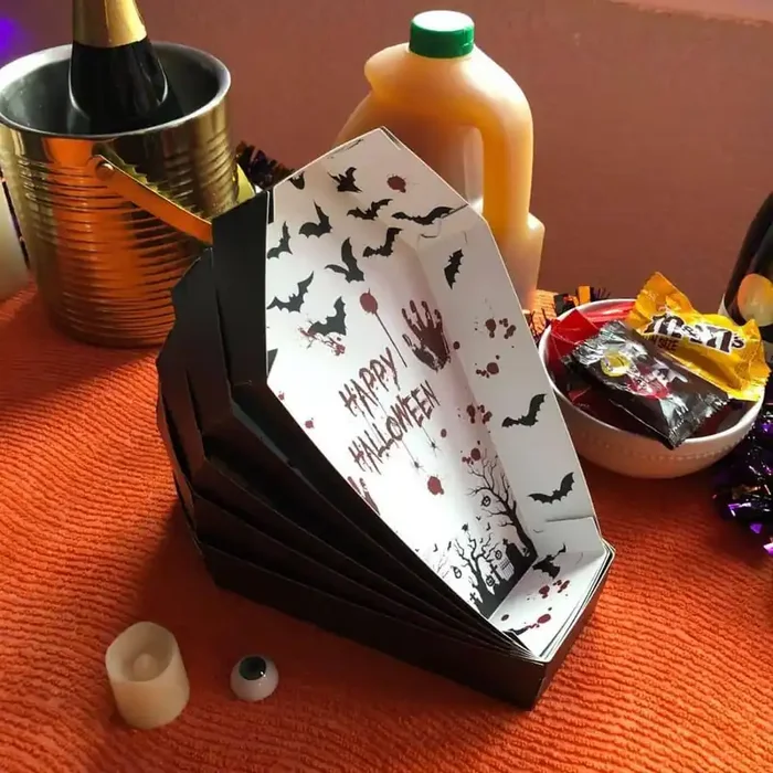 10.2 in. W x 1.9 in. H x 6.3 in. D Rectangular Black Paper Serving Tray Disposable Bowl for Halloween Party (Set of 36)