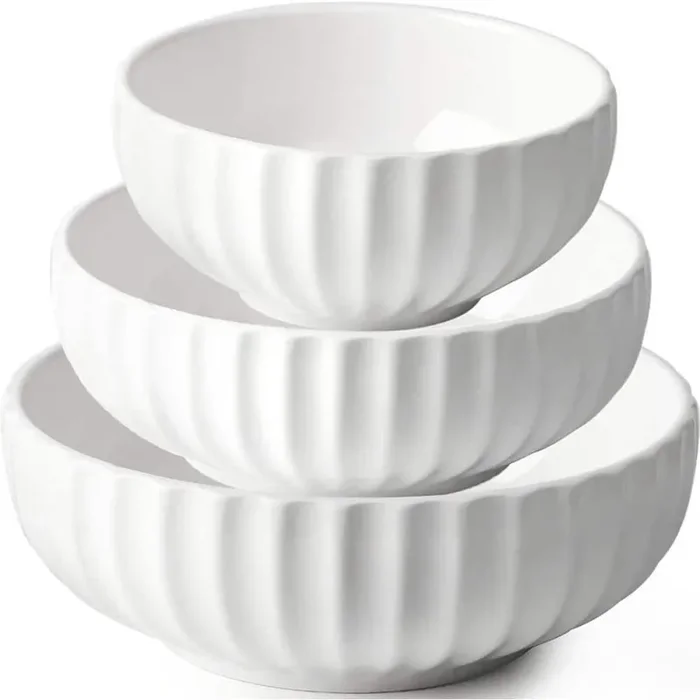 10″ 84oz, 8″ 50oz, 6″ 23oz White Ceramic Serving Bowl Set of 3, Microwavable, Oven Safe, Nesting Kitchen Bowls