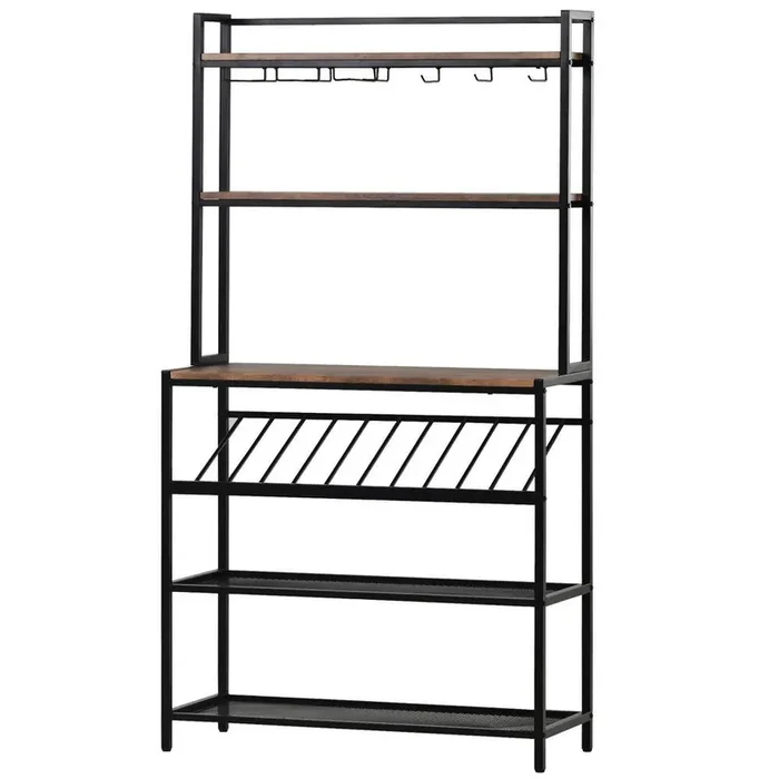 10-Bottles ndustrial Modern 6-Tier Baker Rack Freestanding Bar Wine Rack Table with Glass& Cup Holders Black