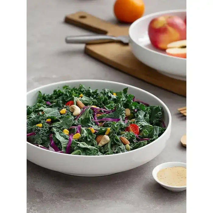 10 in. 65 fl. oz. White White Ceramic Salad Serving Bowl Plate Microwave Dishwasher Safe (Set of 2)