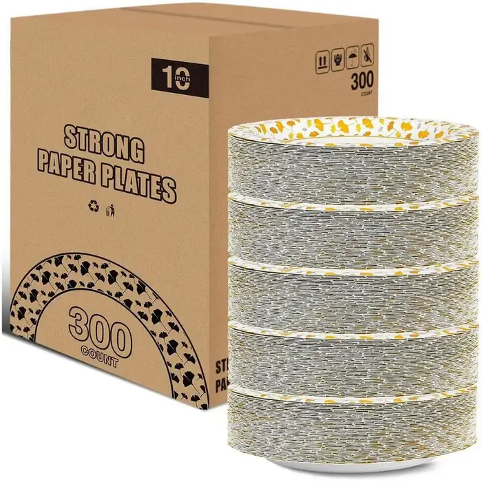 10 in. Disposable Paper Plates with Ginkgo Design, 300 Count Bulk Pack