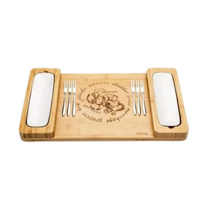 10 in. Natural Bamboo Charcuterie Cheese Board Set with Utensils and Rectangular Serving Plates Perfect for Any Occasion