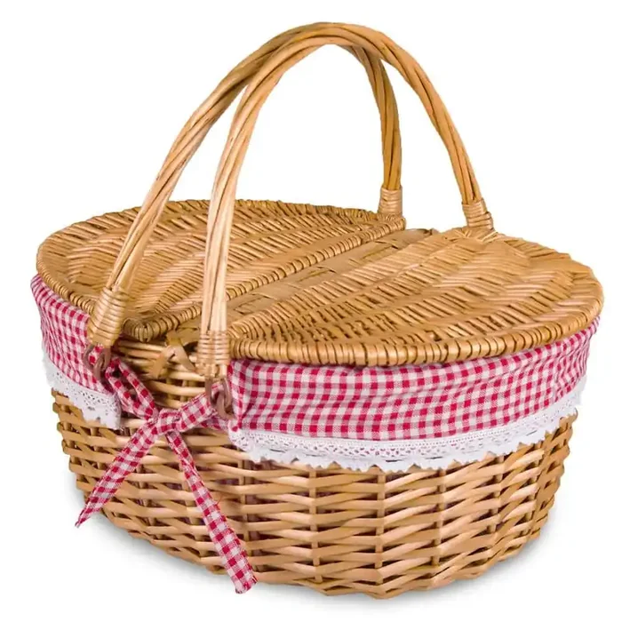 11.4 in. D x 15.4 in. W x 7.1 in. H Wicker Picnic Basket with Lid and Handle, Woven Body with Washable Lining, Pink
