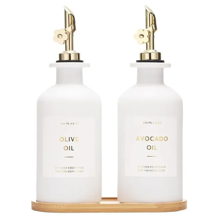 11.8 oz. White Glass kitchen Dispenser Bottle, Oil and Vinegar Cruet Set of 2, Leakproof Oil Containers for Cooking