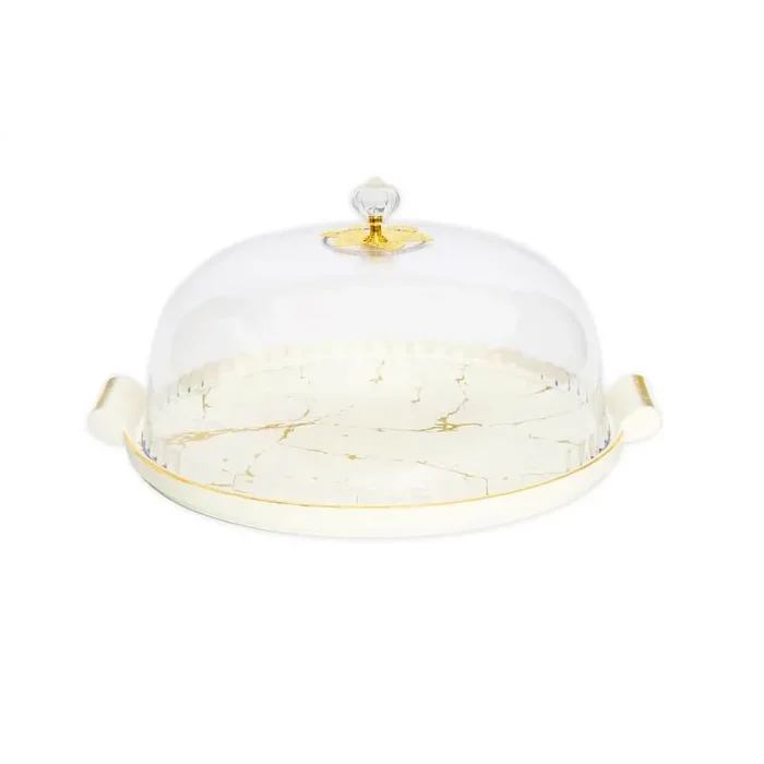 11″ White Porcelain Cake Dome with Gold Design
