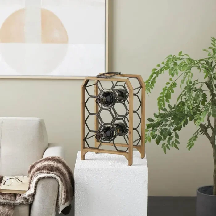 11- Bottle Brown Geometric Wine Rack with Gray Metal Hexagon Holders