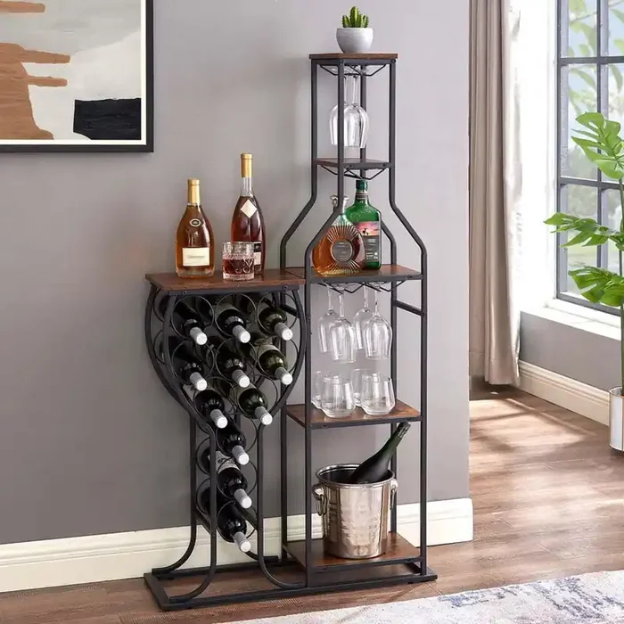 11-Bottle Brown Wine Rack, 5 Tier FLoor Wine Organizer Display Rack Wine Storage Stands with Hanging Wine Glass Holder