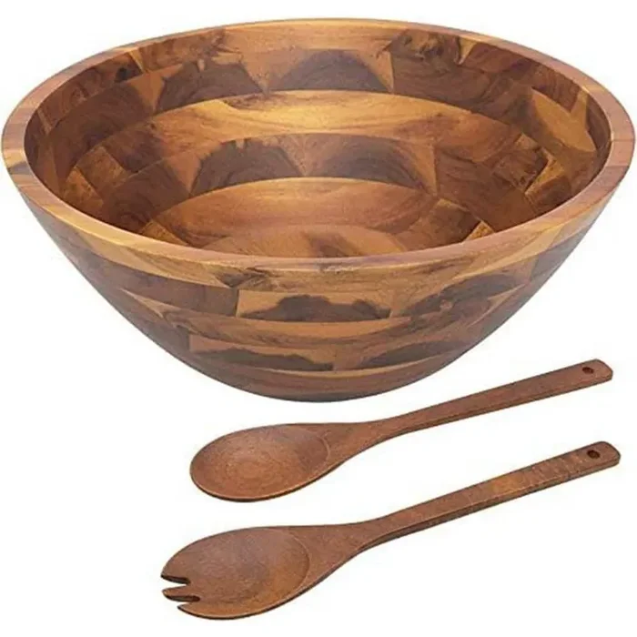 12.5 in. Large Acacia Wood Salad Bowl with Serving Utensils Natural Brown Serving Bowl Kitchen Set of 3