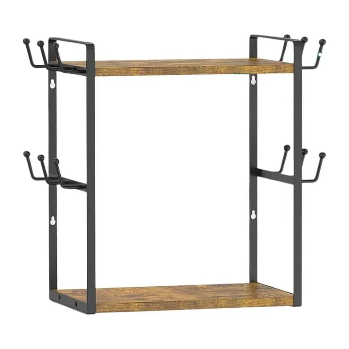 12-Hook Vintage Brown-Black Mug Tree Organizer 2 Tier Coffee Cup Holder Shelf Rack for Kitchen Office Countertop