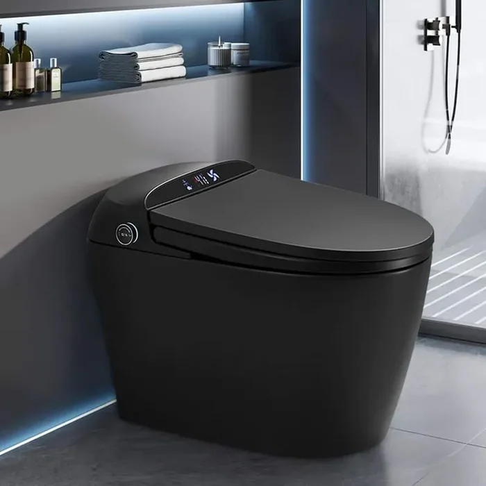 12 in. 1-piece Elongated Bidet Toilet 1.28 GPF Single Flush in Black Heated Seat with Auto Flaush, Auto Open/Close