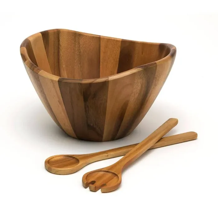 12 in. Beige Wavy Rim Bowl with Salad Servers