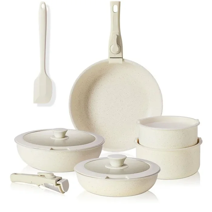 12-Piece Beige Granite Non-Stick Cookware Set, Pots and Pans Set Kitchen Cookware Set with Spatula and Detachable Handle