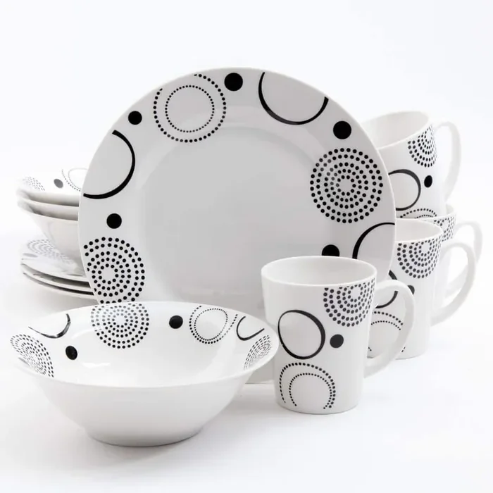 12-Piece Mid-century Decorated with Black Geometric Design on White Porcelain Dinnerware Set (Service for 4)