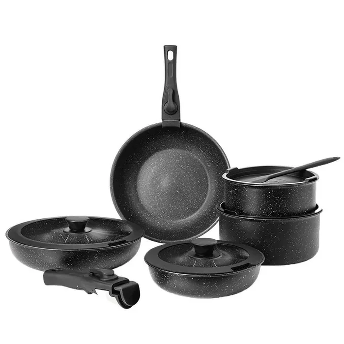12-Piece Non-Stick Stainless Steel Cookware Set, Pots and Pans Set with Spatula and Detachable Handle in Black