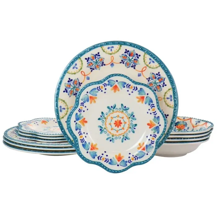 12 Piece Service For 4 Tamara Melamine Dinnerware Set in White and Floral