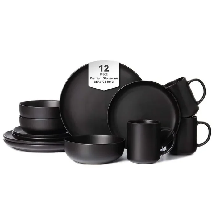 12-Piece Stoneware Dinnerware Sets with Mugs, Microwave and Dishwasher Safe, Non-Toxic Dinnerware Set, Black