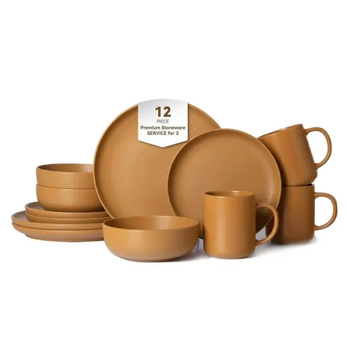 12-Piece Stoneware Dinnerware Sets with Mugs, Microwave and Dishwasher Safe, Non-Toxic Dinnerware Set, Brown