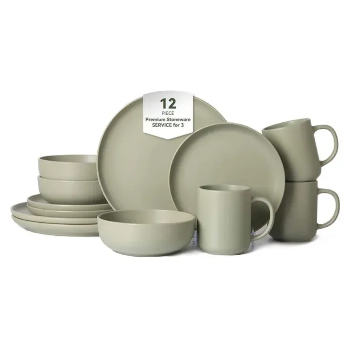 12-Piece Stoneware Dinnerware Sets with Mugs, Microwave and Dishwasher Safe, Non-Toxic Dinnerware Set, Green