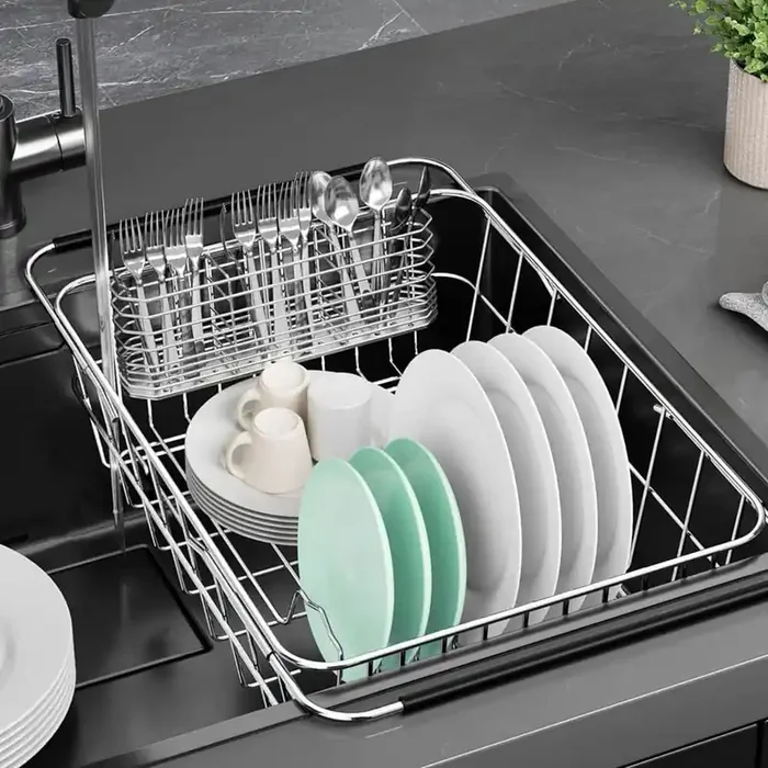 13.23 in. x 15.28 in. to 21.3 in. Adjustable Dish Drying Rack, Stainless Steel Expandable Dish Rack with Utensil Holder