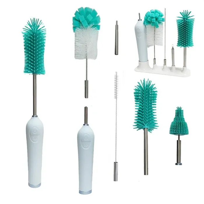 14 in. Electric Baby Bottle Brush Set Automatic Spinning Cleaner with Holder Silicone Nipple Straw Green