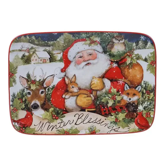 14 in. Magic of Christmas Santa Multicolored Earthenware Rectangular Platter