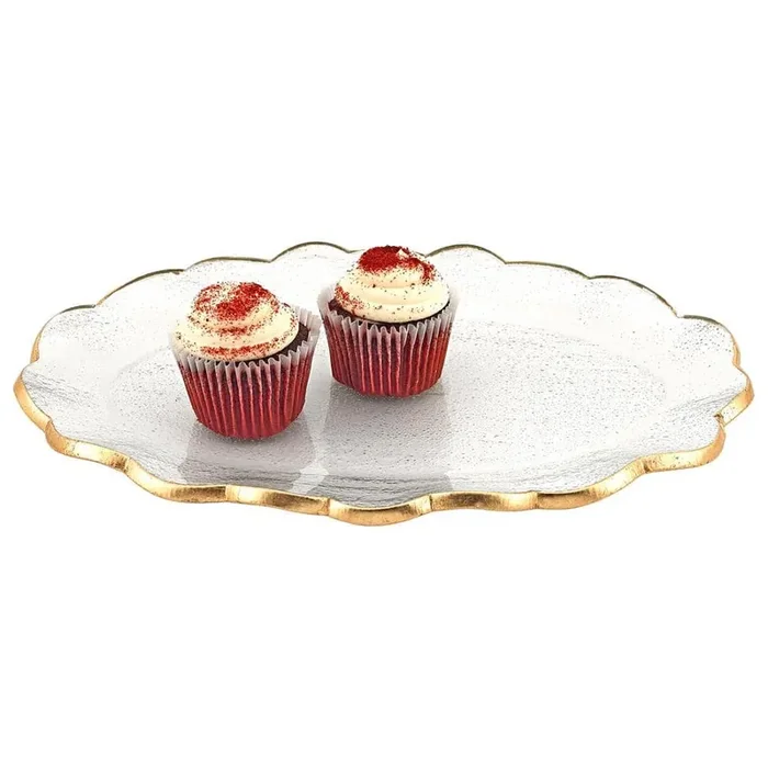 14 in. x 10 in. Gold Hand Decorated Leaf Scalloped Edge Oval Glass Serving Platter