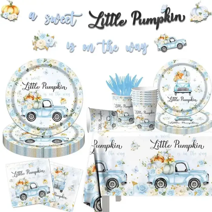 142-Piece Little Pumpkin Baby Shower Decorations Tableware for Autumn Fall Thanksgiving Party Supplies, Boy