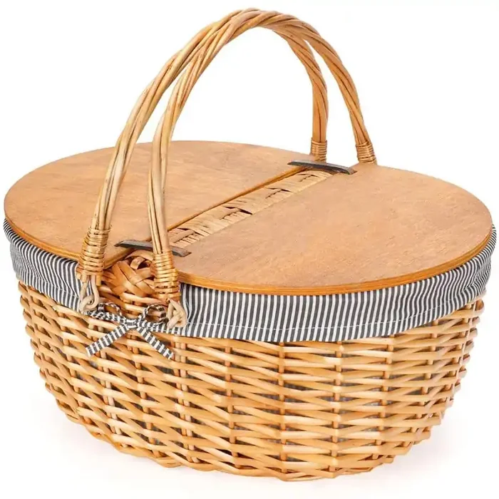 15 in. Wicker Picnic Basket with Gray Stripe Liner, Wooden Split Lid and Folding Woven Handle
