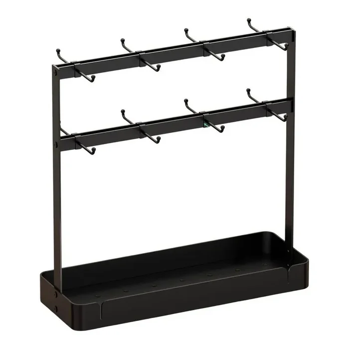 16-Hook Black Metal Coffee Mug Holder 2 Tier Countertop Rack with Storage Shelf and Movable Hooks for Kitchen