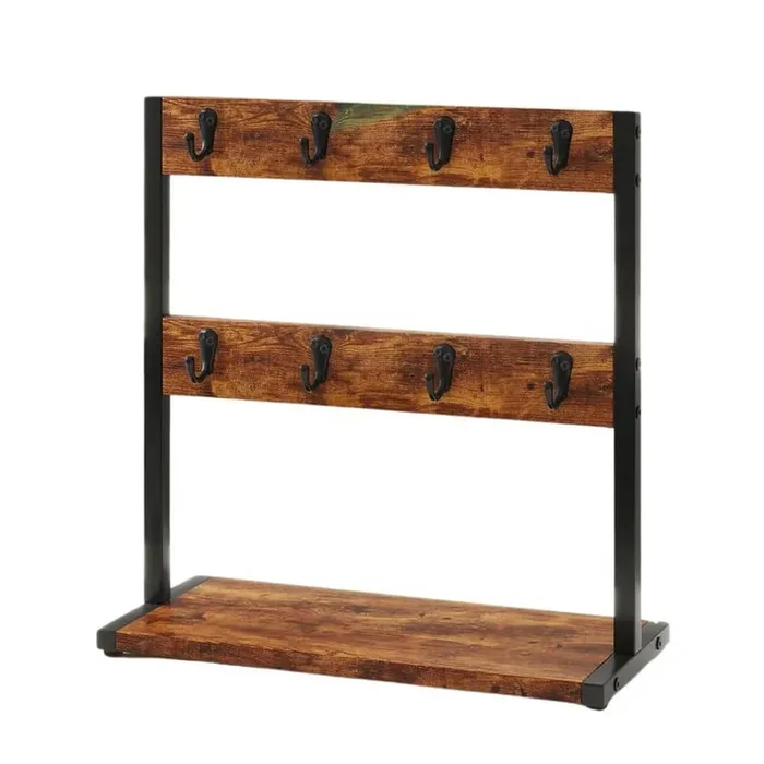 16 Hooks Metal Wood Coffee Mug Tree Holder for Countertop with Storage Base for Home Kitchen, Rustic Brown