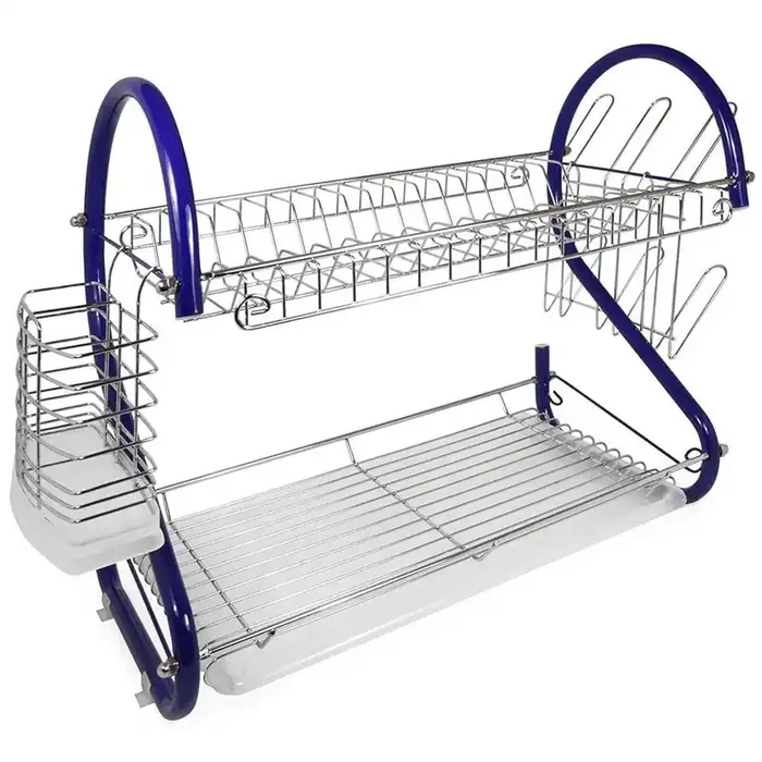 16 in. 2-Tier Blue Chrome Plated Standing Dish Rack