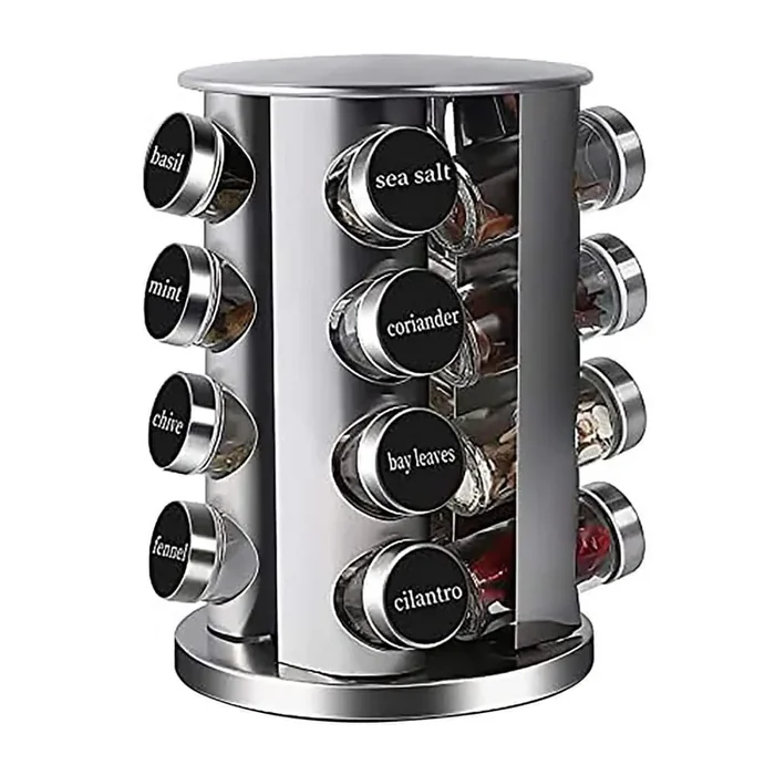 16 Jars Stainless Steel Countertop Rotating Spice Rack Organizer with Glass Jars and Labels for Kitchen Storage