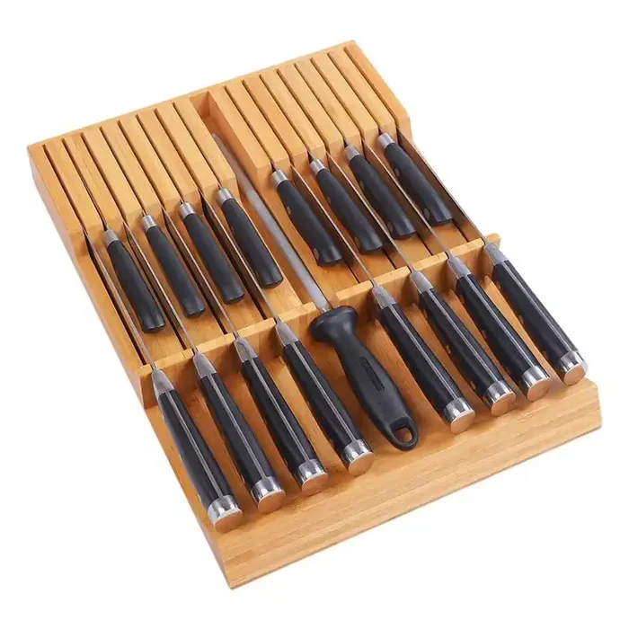 16-Knife Bamboo Knife Block, Kitchen Knife Holder Drawer Organizer, Fit for 12 Knives and 1 Sharpening Steel