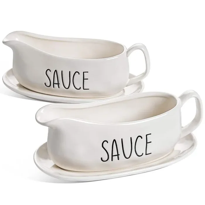 16 oz. Oyster White Ceramic Sauce Gravy Boat Set of 2 with Tray for Salad Dressings, Creamer, Broth, Black Pepper