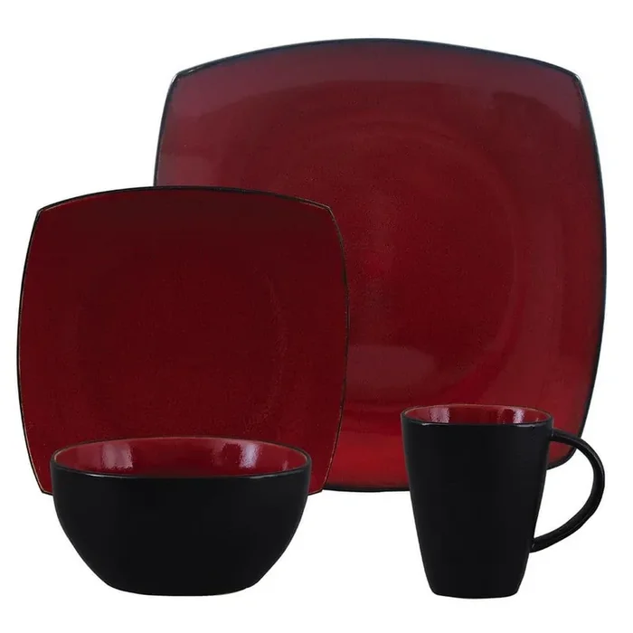 16 pc Dinnerware, Red Square Shape Stoneware (Service for 4)