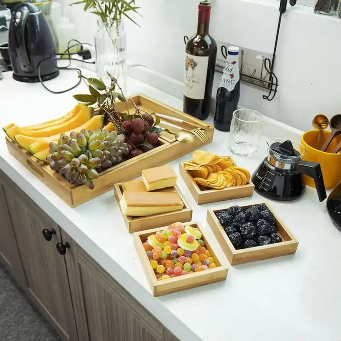 17.91 in. W x 1.77 in. H x 11.61 in. D Rectangular Light Wood Color Bamboo Serving Trays with Handle for Entertaining