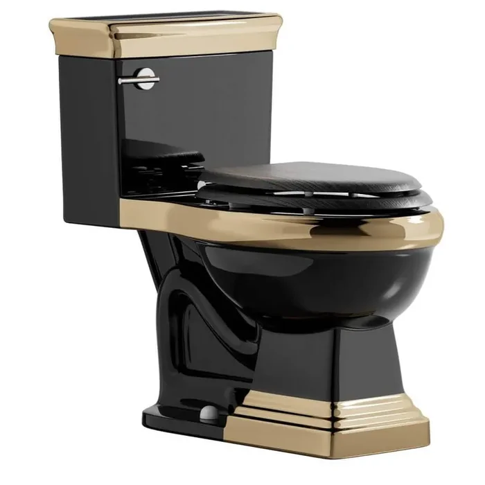 17 in. 1-Piece Toilet, Black Gold Tall Toilet, 1.28 GPF Single Flush, 12 in. Rough In Elongated Bowl and Wood-Grain Seat