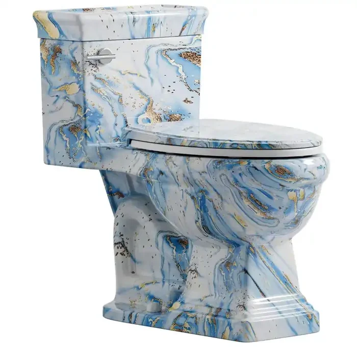 17 in. Chair Height Toilet, 1-Piece Elongated Toilet Sky Blue 1.28 GPF Single Flush 12 in. Rough in and Soft-Close Seat