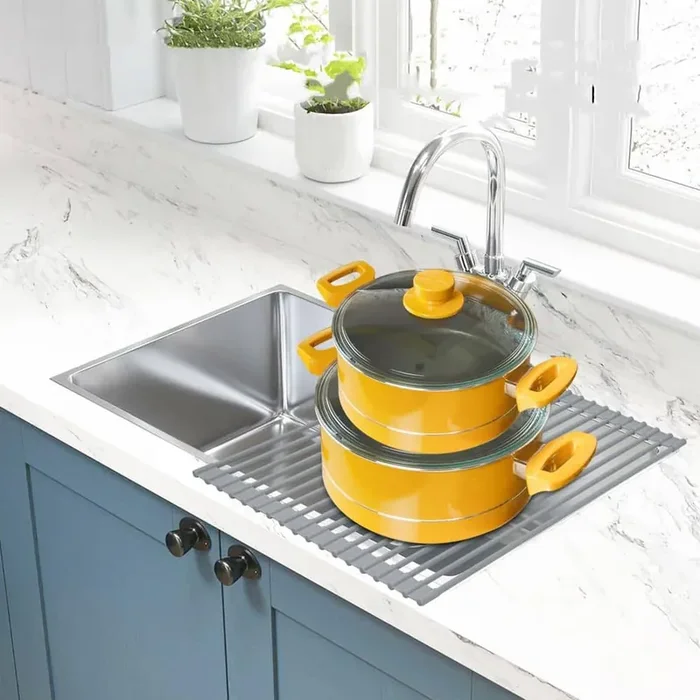 17 in. x 13 in. Silicone Grey Over Sink Dish Rack, Foldable Anti-Slip Drainer, Roll Up Drying Mat for Kitchen Counter