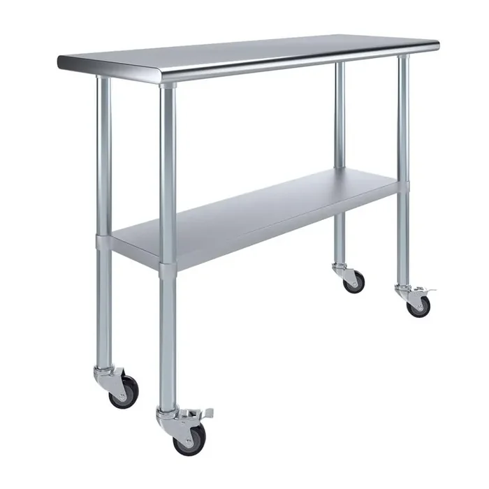 18 in. x 48 in. Stainless Steel Work Table with Casters Mobile Metal Kitchen Utility Table with Bottom Shelf