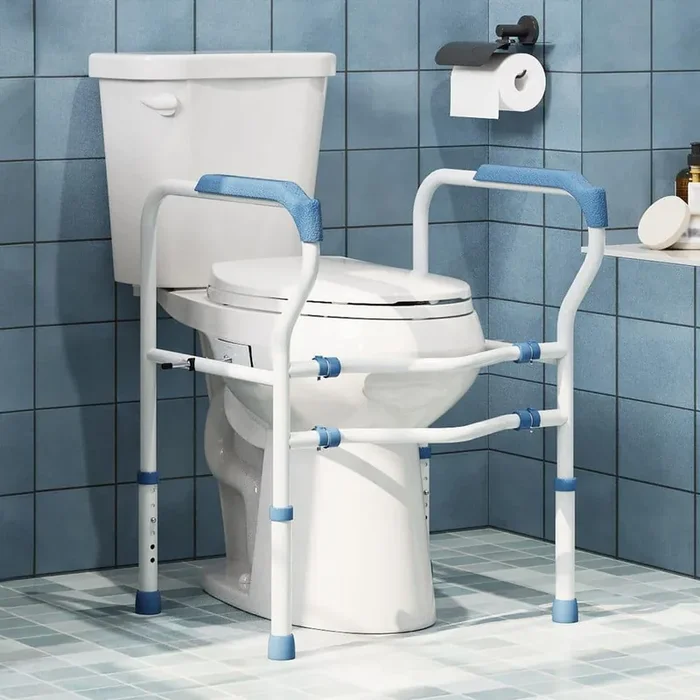 19 in. Tall 2-Piece 1.28 GPF Single Flush Elongated Toilet with Toilet Safety Rail with Adjustable Height in White