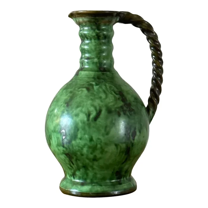 1960s Erik Mornils Handled Pitcher Vase for Nittsjö Keramik, Sweden, Malachite Glaze