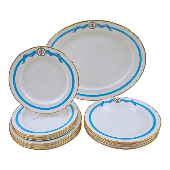 19th Century English Dinnerware Set + Serving Platter Turquoise Enamel Porcelain Pellat- 13 Pieces